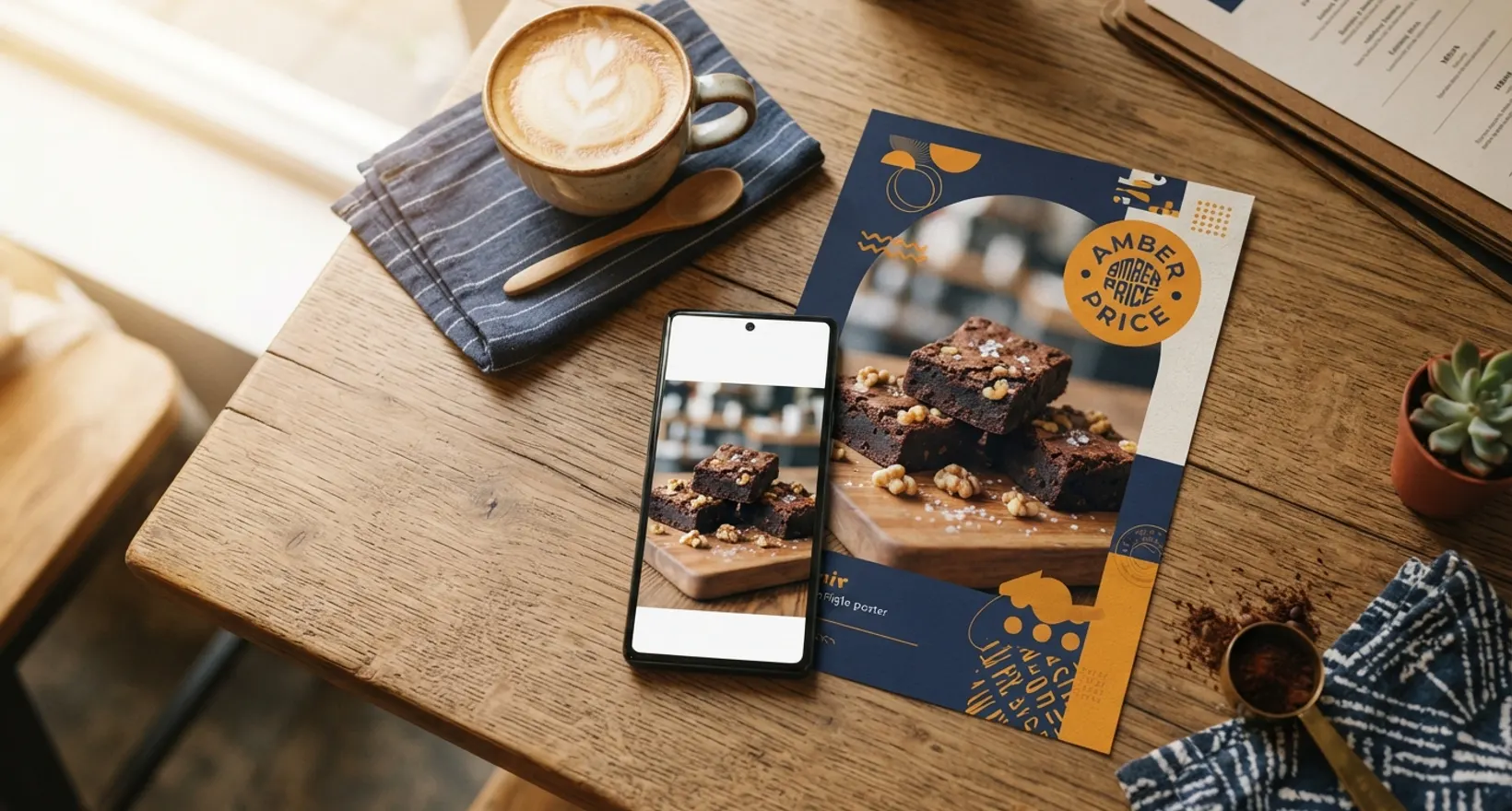 Foto brownies di layar HP di samping poster promosi brownies hasil AI di atas meja kayu